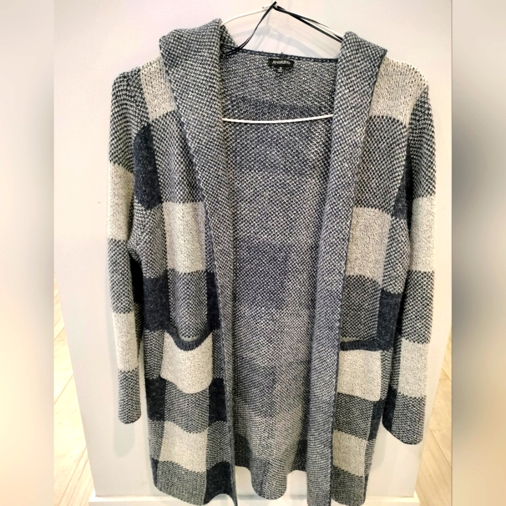 Women's Angeleno Plaid Gray & White Hooded Cardigan Lightweight Size Medium